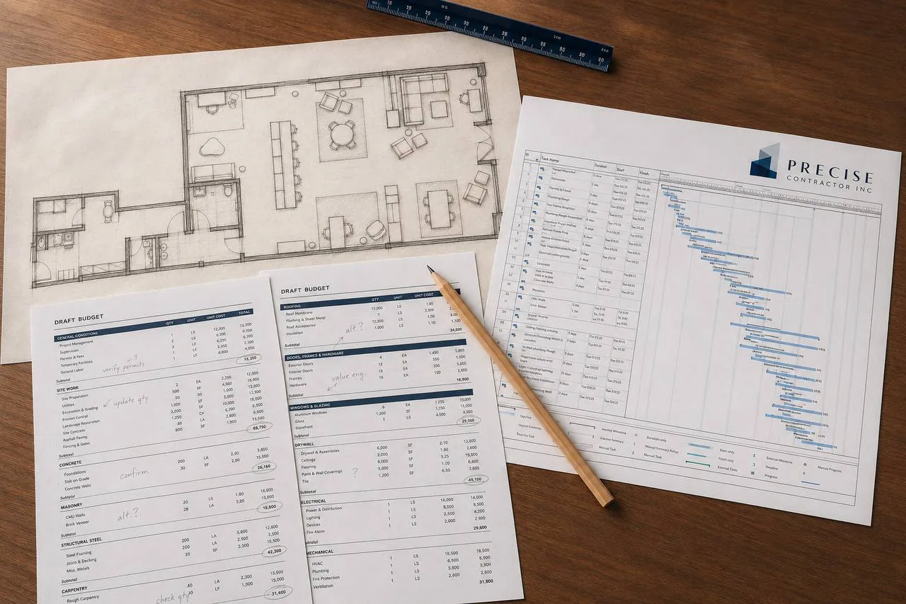 A preconstruction desk at Precise Contractor — a hand-drawn floor plan, two draft budget sheets and a project schedule laid out together
