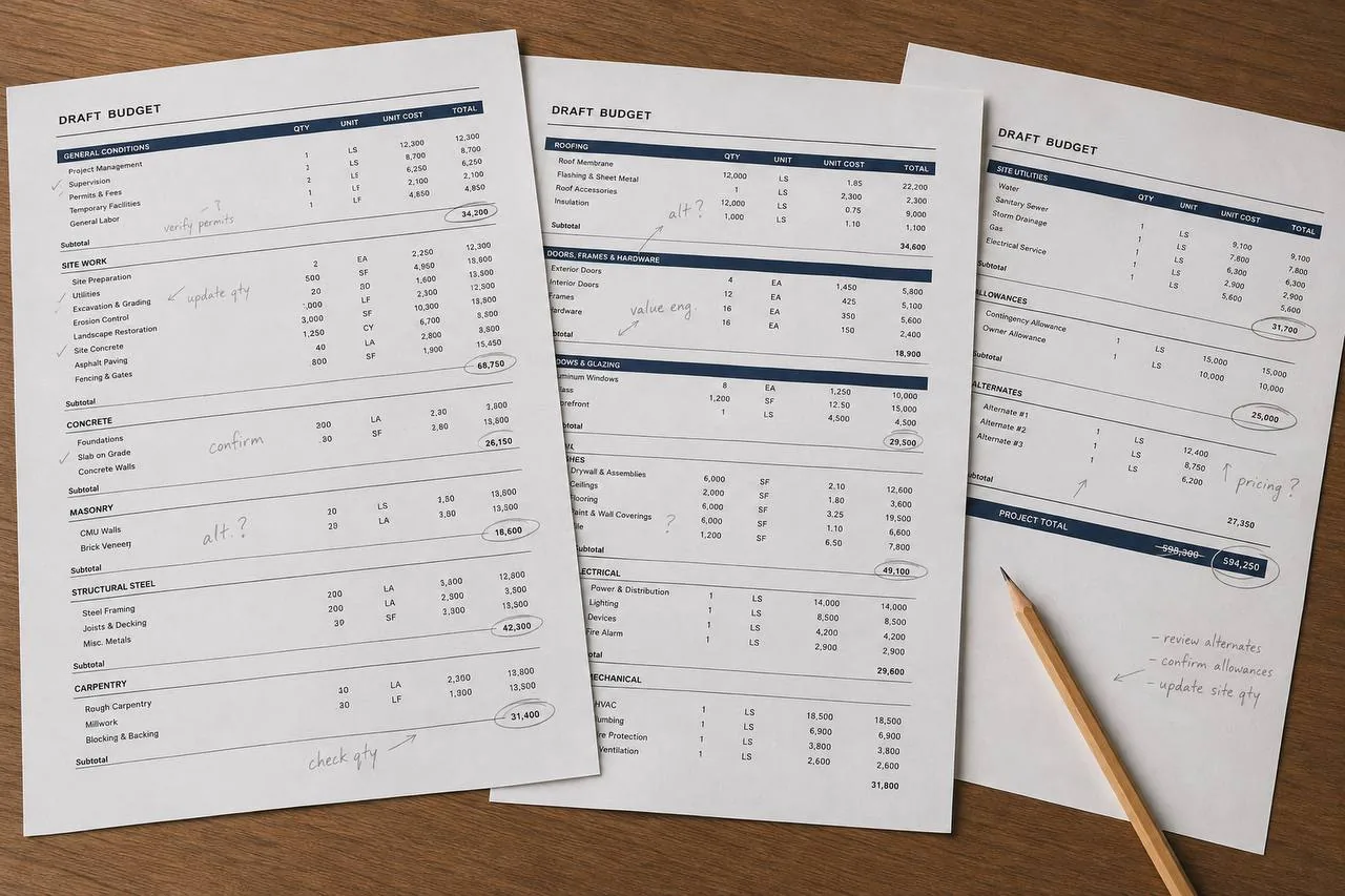 Three draft budget sheets marked up by hand — quantities queried, alternates flagged, and a revised project total circled